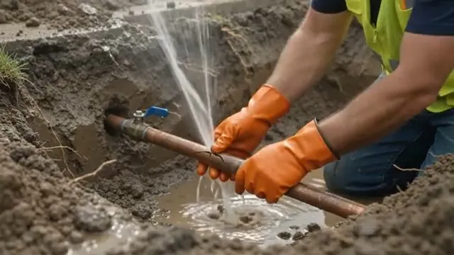Worker in orange gloves holding a copper pipe that is spraying water in a dug excavation