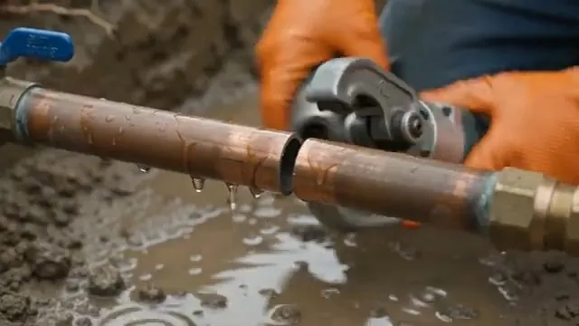 Hands in orange gloves using a pipe cutter on a copper line sitting in wet mud