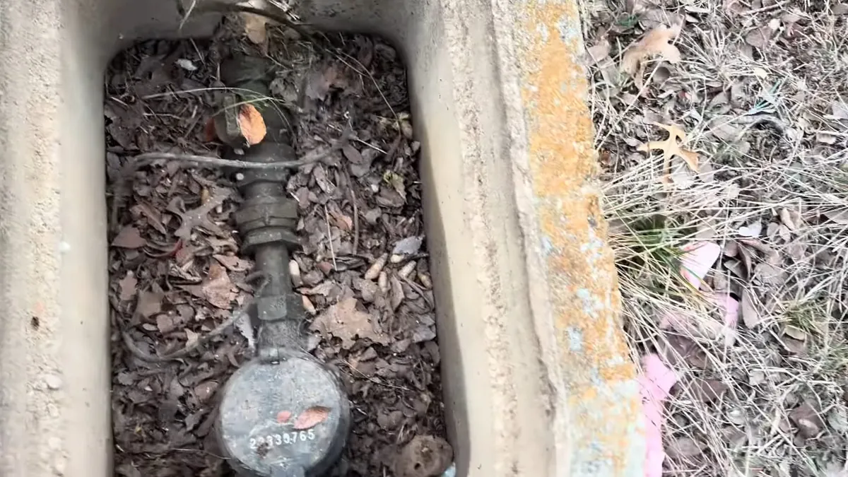 Water meter and shut-off valve in a concrete box set in the ground and covered with dry leaves