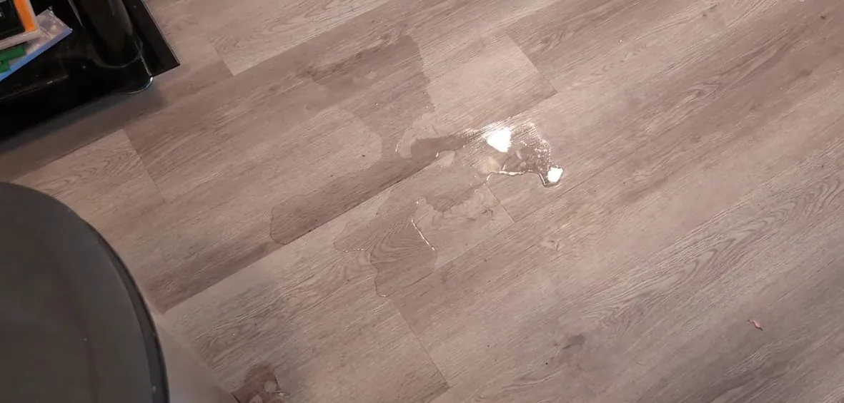 Drops of water pooled on a grey vinyl plank floor