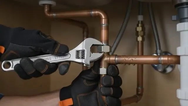Gloved hands using an adjustable wrench on copper supply fittings under a sink