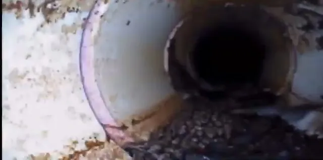 Camera view looking down a white pipe with debris on the floor of the bore