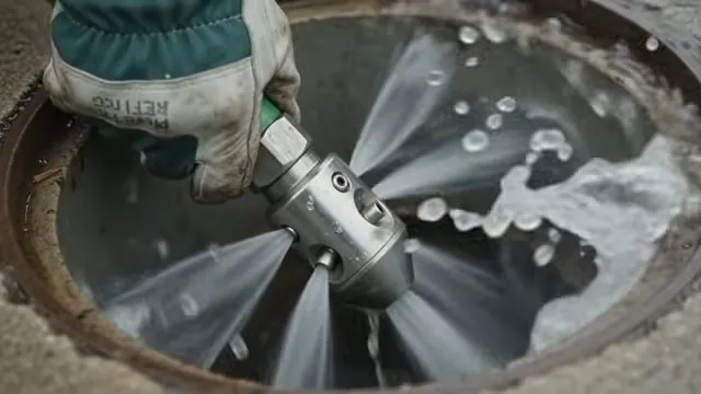 Jetting nozzle held in a gloved hand spraying water in all directions inside a round pipe opening