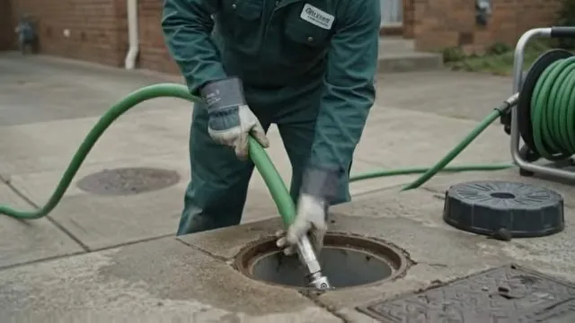 Technician in green overalls feeding a green jetting hose with a nozzle into a round access cover