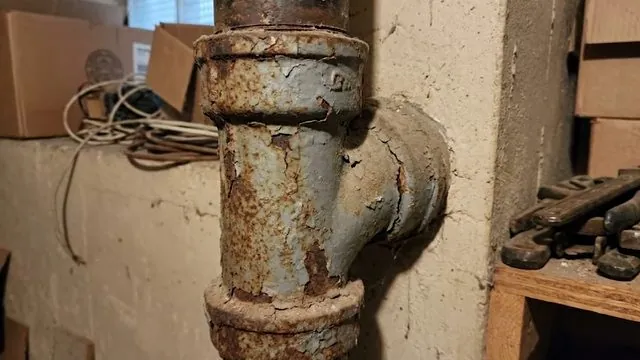 Rusted grey cast iron drain tee and coupling against a wall in a basement