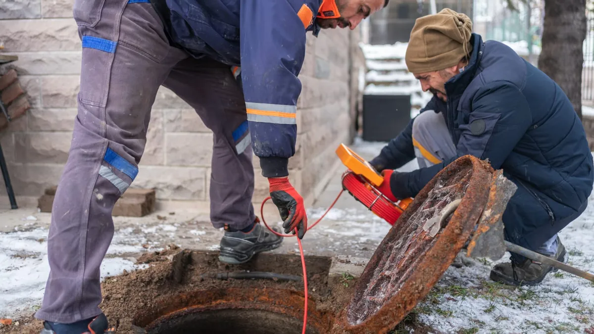 Two workers beside an open cast iron access cover in a yard, feeding an orange camera cable into the pit