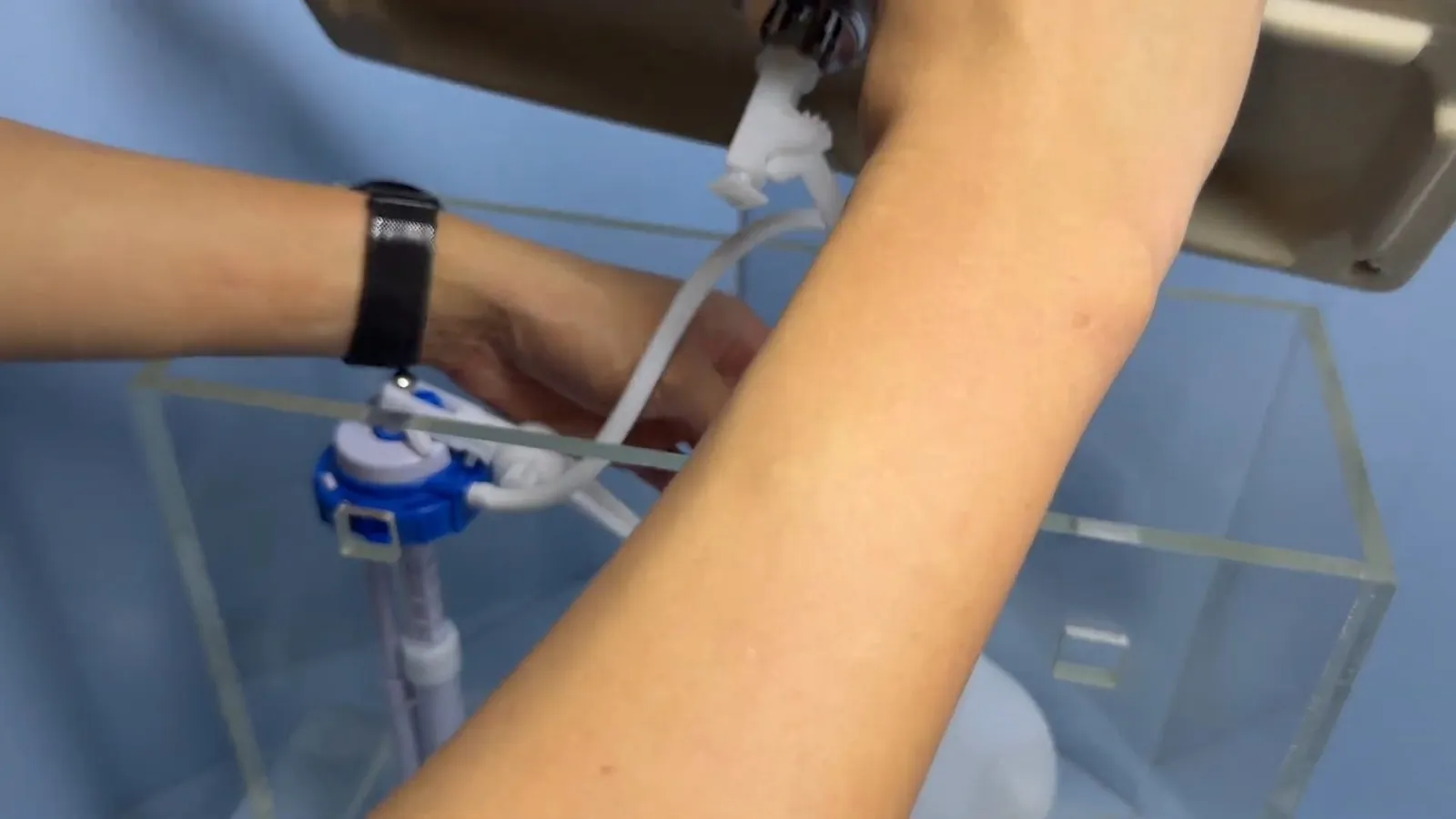 Hand adjusting a blue float and fill valve inside a see-through cistern model