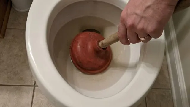 Hand pressing a red plunger down into a white toilet bowl