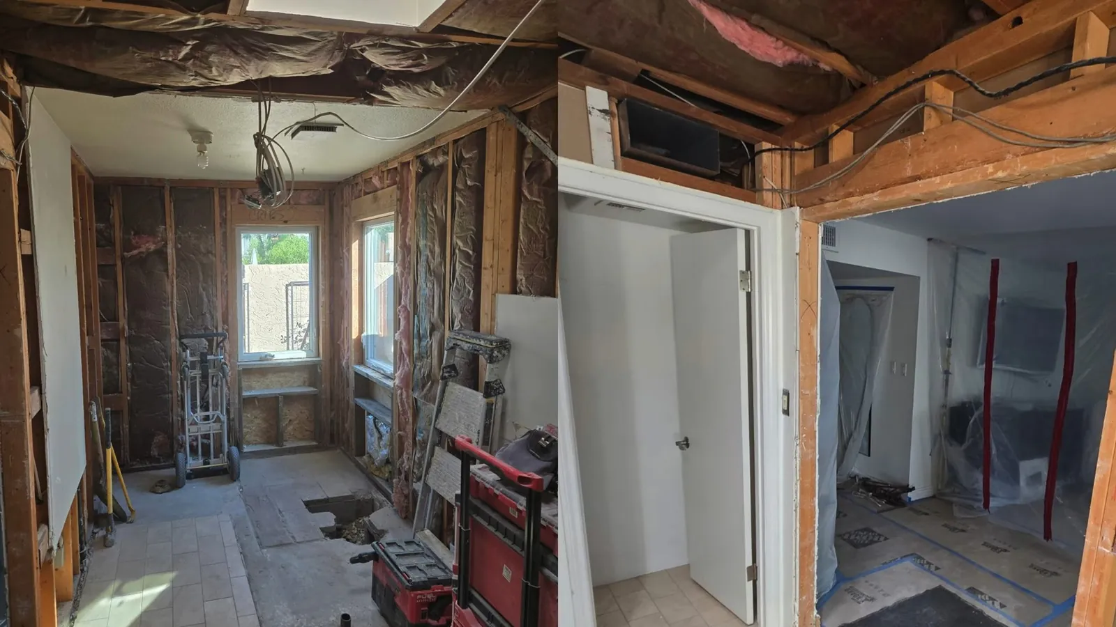 Room stripped back to the studs and ceiling joists with floor tools and plastic sheeting in the doorway